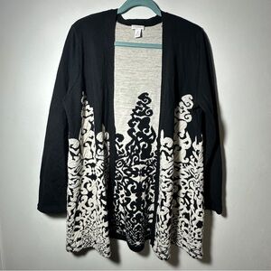 Chico’s Open Front Cardigan Black White Wool Blend Long Sleeve Size 2